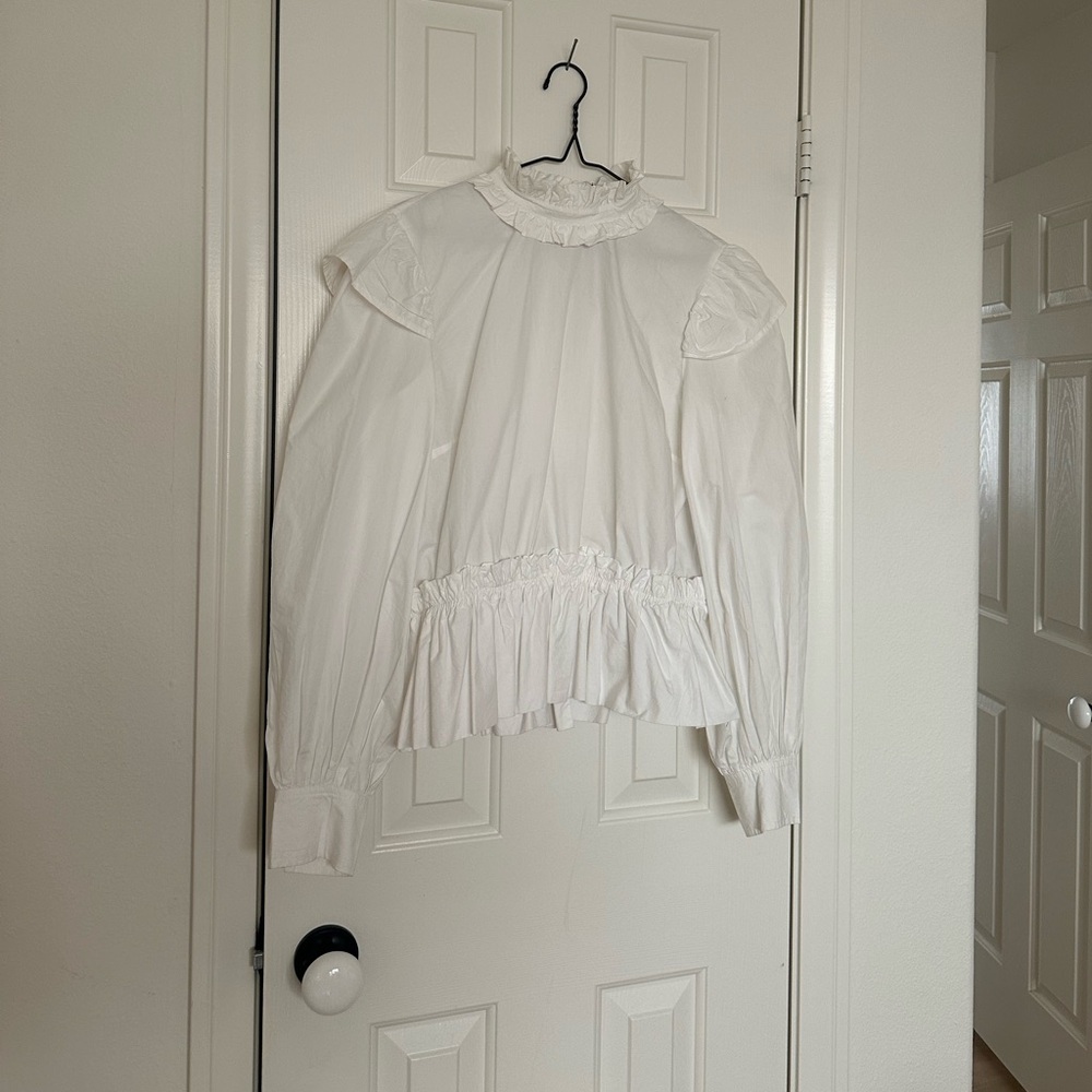 Ganni White Ruffled High-Neck Blouse
